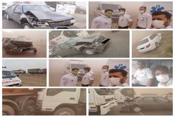 گردوخاک در مشهد حادثه آفرید/تصادف زنجیره ای ۲۰ خودرو در جاده نیشابور +تصاویر